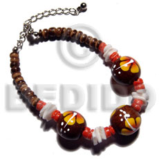4-5mm coco Pokalet. nat. brown  handpainted 15mm robles round wood beads & white rose shell accent / yellow flower - Wood Bracelets