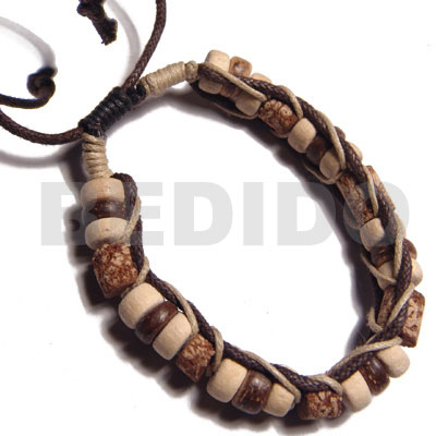7-8mm coco Pokalet and mahogany cylinder beads combination in macrame brown/beige wax cord - Wood Bracelets