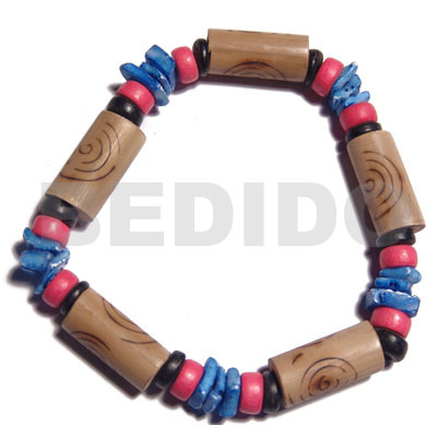 bamboo tubes  burning  blue white rose shell, reddish pink/black 7-8mm coco Pokalet combination / elastic bracelet - Wood Bracelets