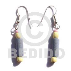 dangling pastel pink wood tube  yellow wood beads - Wood Earrings