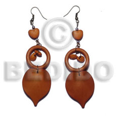dangling nat. white wood heart  in matte orange - Wood Earrings