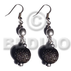 dangling coco Pokalet and 15mm nat.wood bead in textured brush painting  silver metallic splashing accent - Wood Earrings