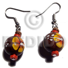 dangling 15mm robles round wood beads  handpainted flower and white rose combination - Wood Earrings