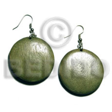 dangling round 32mm nat. wood in olive green  clear semi gloss protective topcoat - Wood Earrings