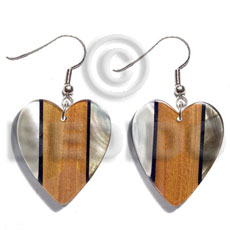 dangling 35mmx42mm heart kabibe   laminated wood grain / blacklip combination resin backing - Wood Earrings