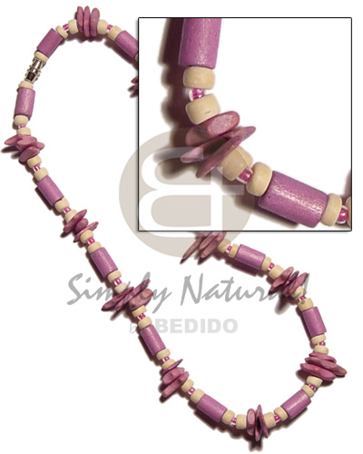 lilac wood tube  matching coco chips,glass beads & coco Pokalet. - Wood Necklace