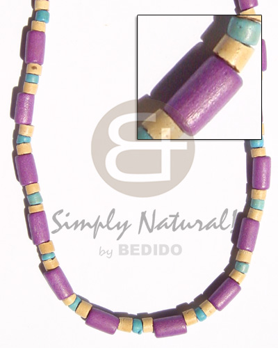 violet wood tube  4-5 nat. coco heishe turq bl - Wood Necklace