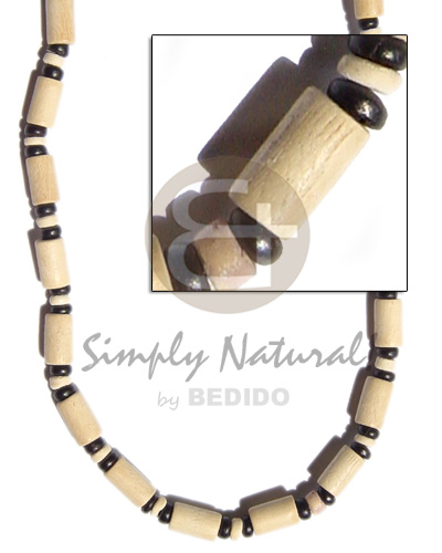 nat. white wood tube  black coco center white - Wood Necklace