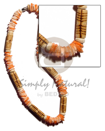 white rose  orange splashing & coco wood tube  burning - Wood Necklace