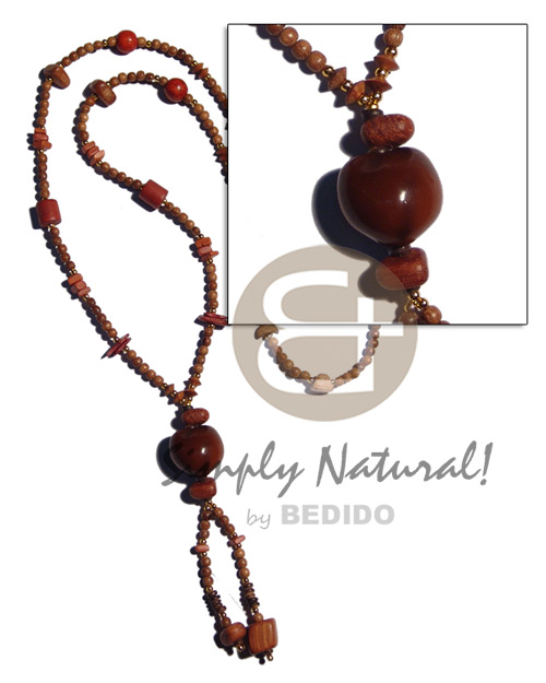 36 in. tassled 4-5mm robles round wood beads & asstd. wood/ coco beads  colored kukui nut / brown tones - Wood Necklace