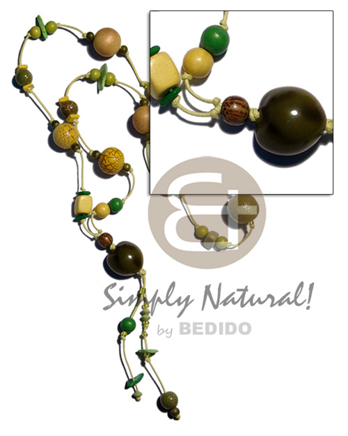 36 in. tassled wax cord  painted marbled & asstd. wood beads   colored kukui nut / green/yellow tones - Wood Necklace
