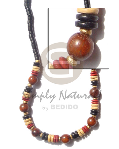 4-5mm coco heishe black / 7-8 pukalet maroon  nat black  wood beads - Wood Necklace