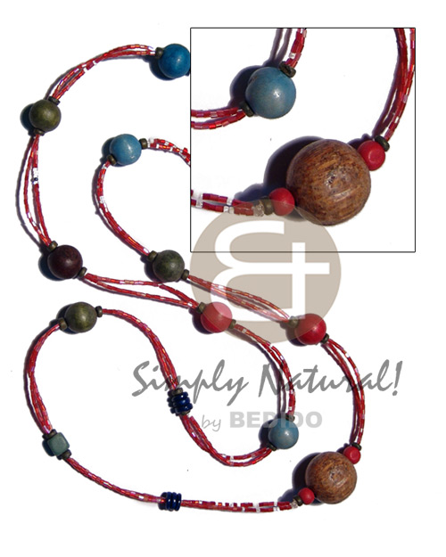 2 rows red cut glass beads  wood beads combination / 40 in. - Wood Necklace