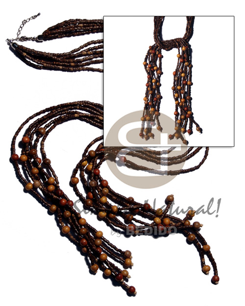 scarf necklace - 6 rows 2-3mm coco heishe nat. brown  8mm asstd. round wood beads accent / 44 in. - Wood Necklace