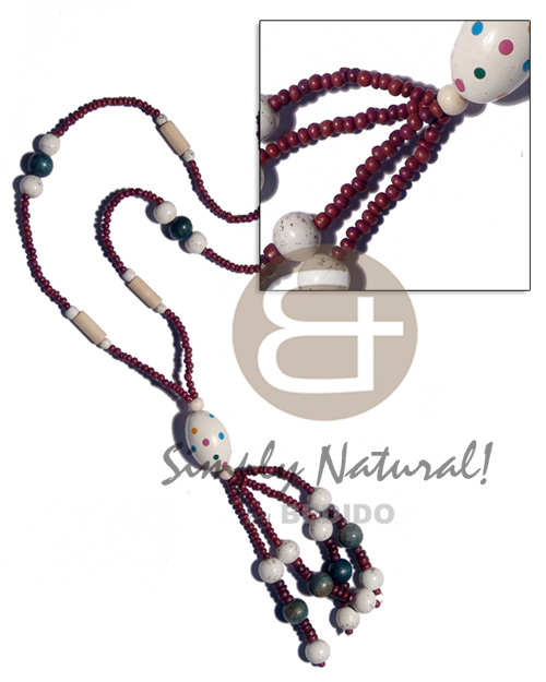2-3mm maroon coco Pokalet.  tassled painted wood beads  combination /26 in. - Wood Necklace