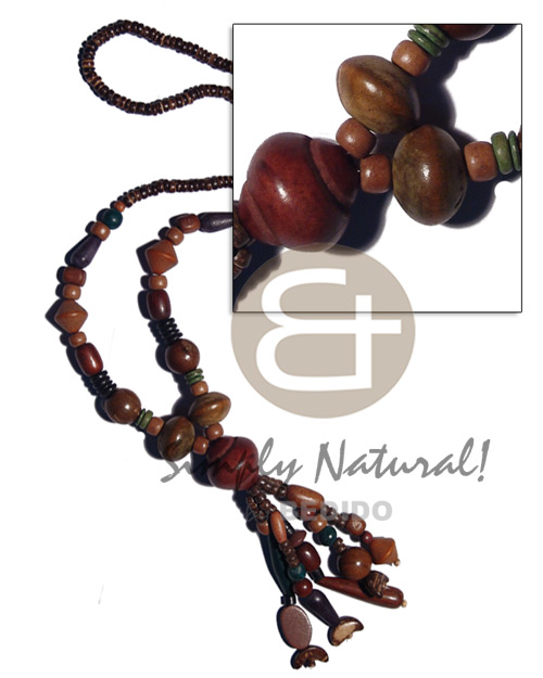 4-5mm coco nat. brown Pokalet w asstd. & tassled wood beads in various shapes & subdued earth tones / 26 in. - Wood Necklace