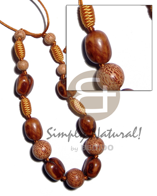 capsule wrapped wood beads  rubber seed, 20mm round palmwood combination in golden satin cord / 36in adjustable - Wood Necklace