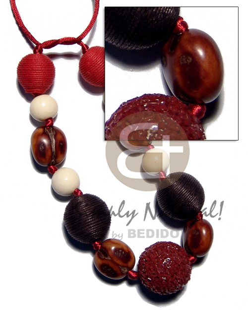 20mm/25mm/30mm round wrapped wood beads   rubber seed and wood beads combination in maroon satin cord / 36in adjustable - Wood Necklace