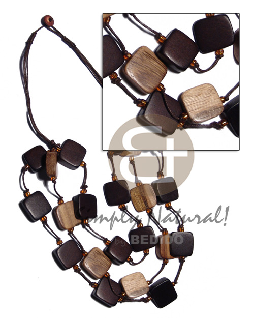 3 rows wax cord  20mmx20mm nat. wood sliced melon in dark chocolate brown and robles sliced melon combination - Wood Necklace