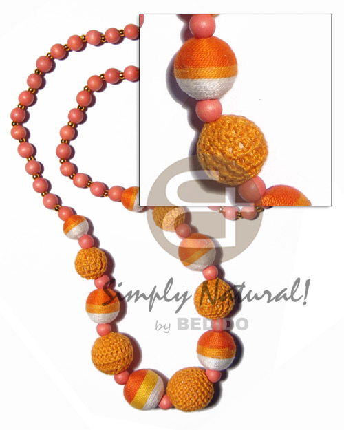 graduated wrapped wood beads and round 10mm wood beads in orange tones /36 in - Wood Necklace