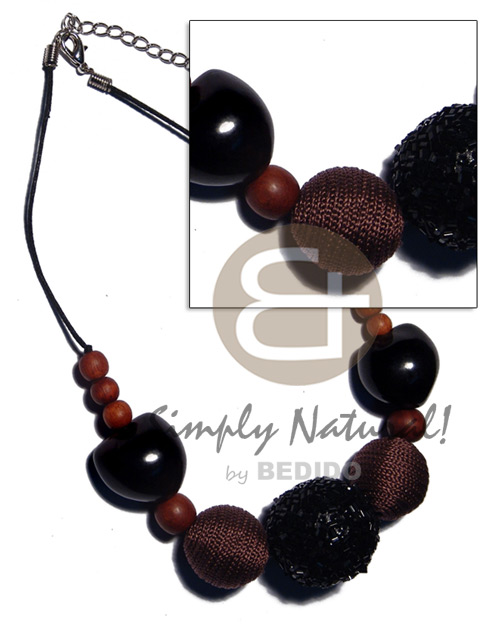 20mm/25mm round wrapped wood beads, black kukui nuts and wood beads combination in black wax cord - Wood Necklace