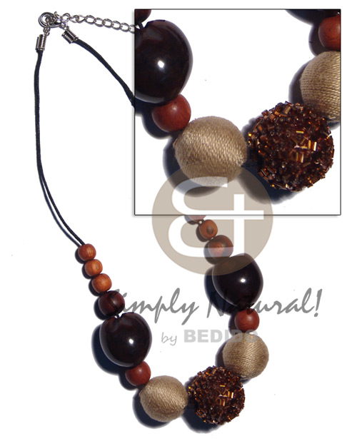 20mm/25mm round wrapped wood beads , brown kukui nuts and wood beads combination in black wax cord - Wood Necklace