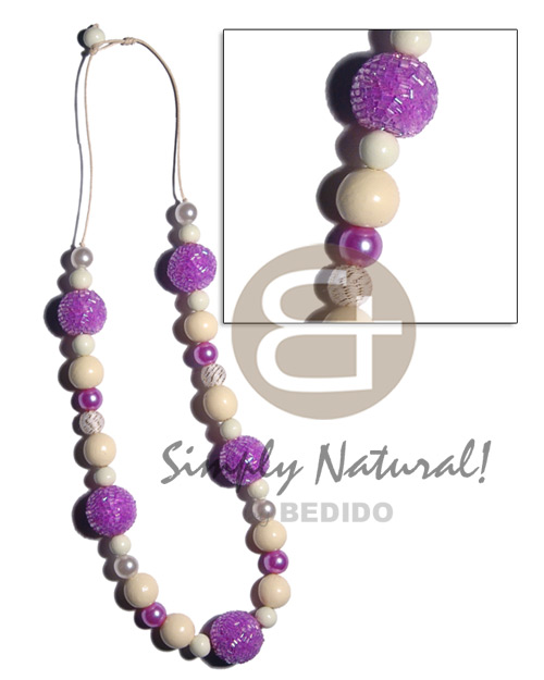 20mm wrapped wood beads in lilac cut glass beads  15mm /10mm buffed bleached wood beads , pearl combination in wax cord / 28 in - Wood Necklace