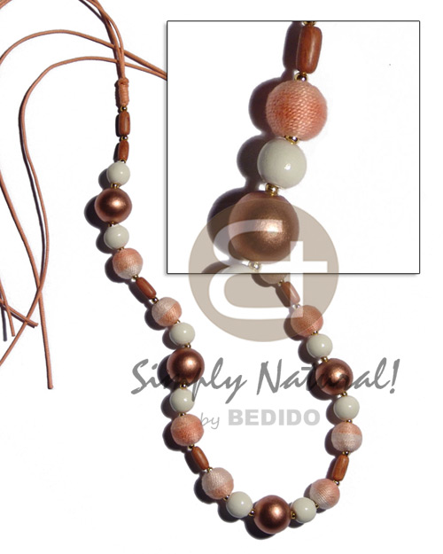 12mm wrapped wood beads  15mm  round, 10mm buffed bleached and ricebeads wood beads combination in double peach wax cord/ peach/bronze tones / 36 in adjustable - Wood Necklace