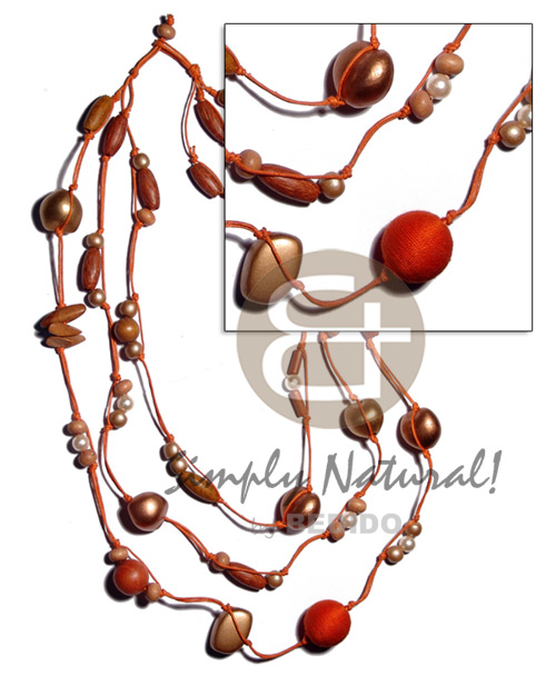 3 rows 16" 17" 18" wax cord  asstd. wood beads, pearl, wrapped wood bead, pearlized kukui nuts in orange.bronze tones - Wood Necklace