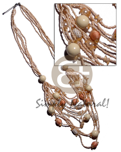 5 rows graduated multilayered creme glass beads  wrapped and  buffed bleached wood beads accent / crme and peach tones / 32 in - Wood Necklace