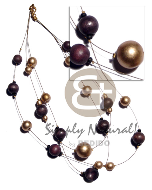 3 magic wire in graduated rows  nat. round wood beads 10mm/15mm/18mm in gold and brown tones - Wood Necklace