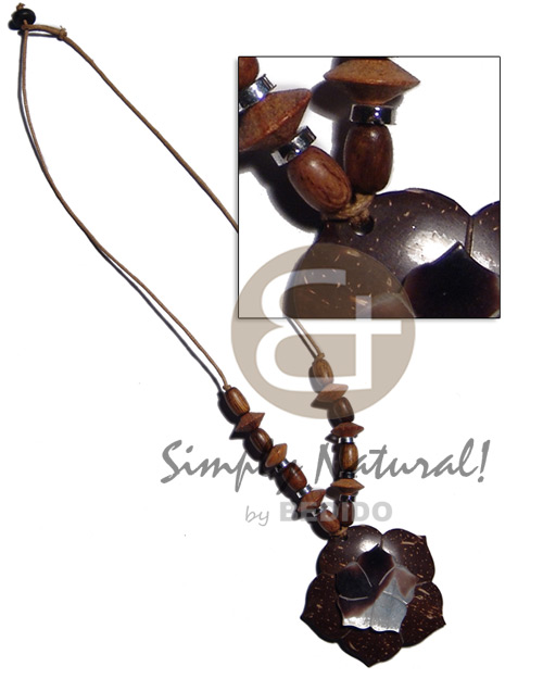 45mm flower coco pendant  25mm hammershell flower   skin combination and wood beads on wax cord neckline - Wood Necklace