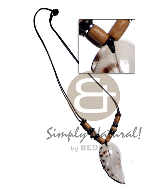 50mmx20mm leaf cowrie tiger shell pendant on  wax cord  wood beads accent - Wood Necklace
