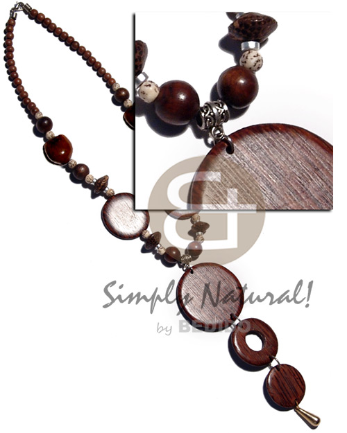 round woods beads  brown kukui nuts, buri tiger seed, two  35mm palmwood circles and dangling graduated palmwood circles  - 50mm/35mm/30mm - Wood Necklace