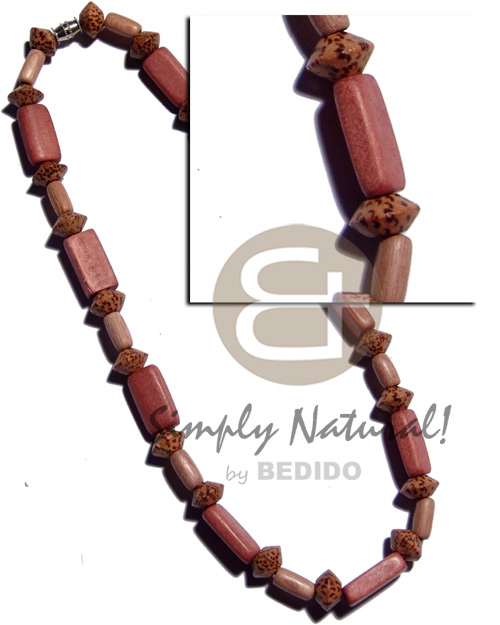 rectangular flat nat. wood in old rose color  palmwood saucer and wood tube combination - Wood Necklace