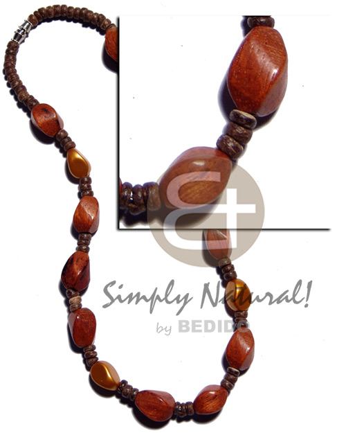 4-5mm coco Pokalet nat.  10mmx17mm twisted bayong wood beads &  matte gold resin beads - Wood Necklace