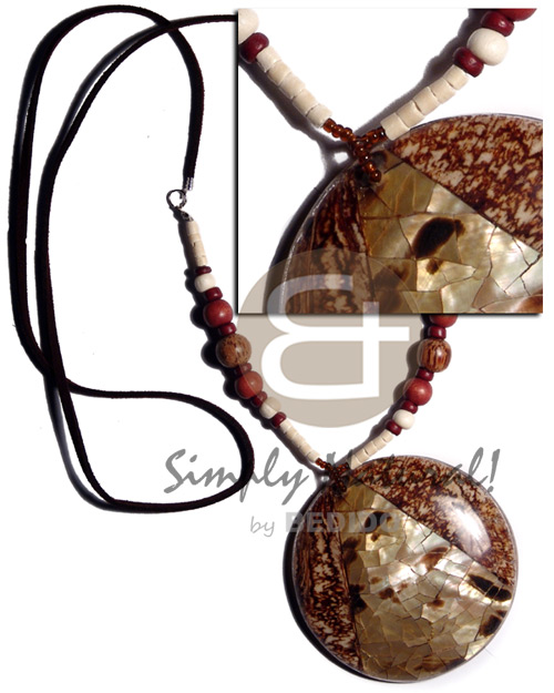 leather thong  2-3mm bleach coco heishe  wood beads combination and round 65mm laminated coco  brownlip cracking / 30in. - Wood Necklace