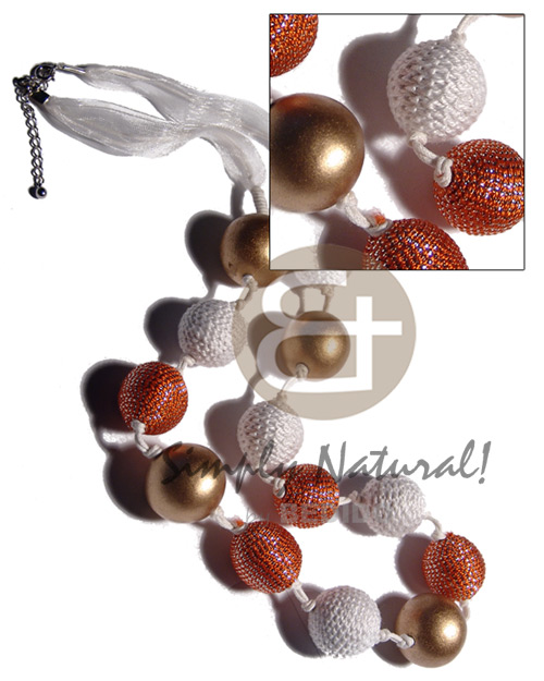 20mm wrapped wood bead  25mm gold nat. round wood beads in white ribbon and wax cord / 28 in - Wood Necklace