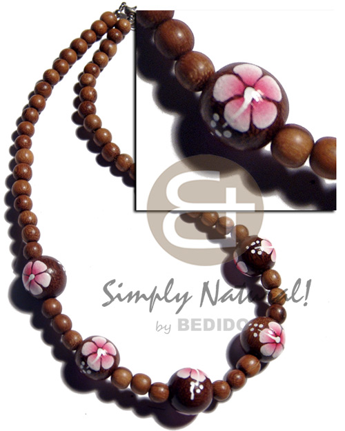 8mm round robles wood beads  handpainted 15mm robles round wood beads accent / pink flower - Wood Necklace
