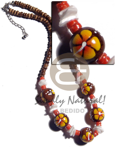 4-5mm coco Pokalet. nat. brown  handpainted 15mm robles round wood beads & white rose shell accent / yellow flower - Wood Necklace