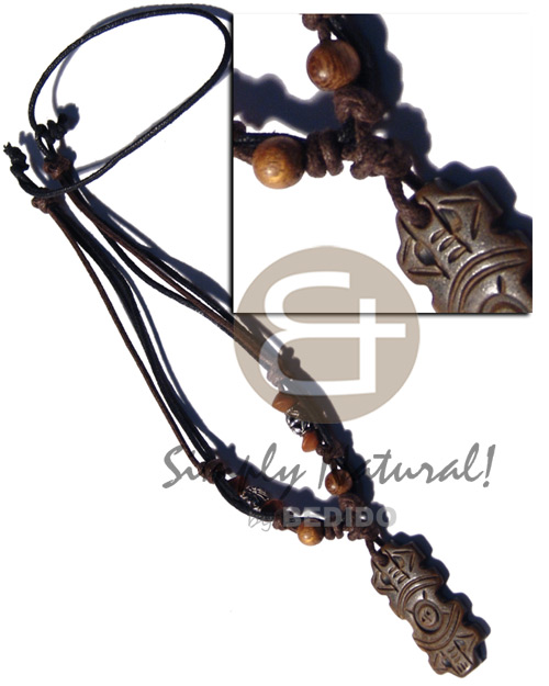 tribal wooden shield carved 44mmx25mm pendant  wood beads/metal accent in double wax cord / 23in. - Wood Necklace