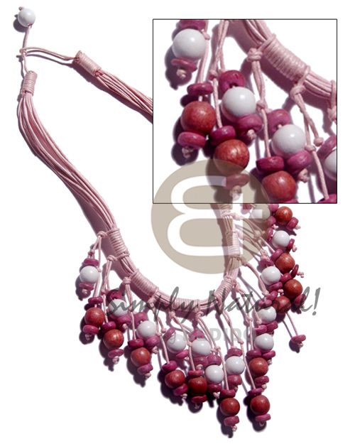 cleopatra / 15 r0ws wax cord  dangling 10mm round wood beads & 7-8mm coco Pokalet / pink and white tones - Wood Necklace