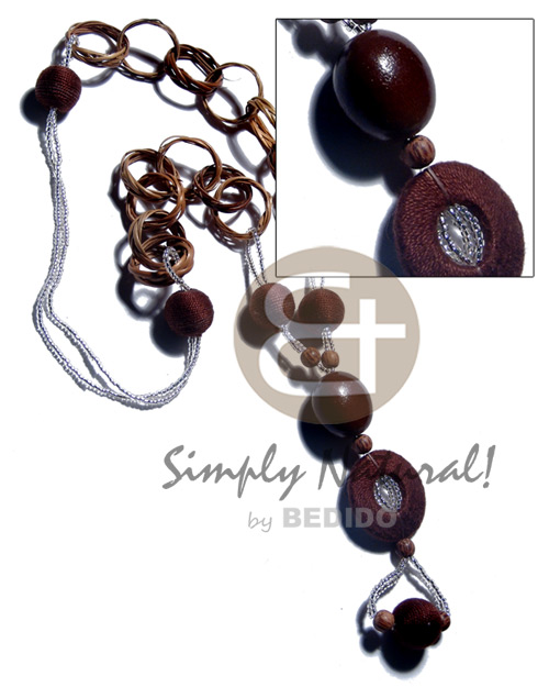 basket rings  kukui nuts/15mm wrapped wood beads/ 30mm wrapped wood ring and glass beads / 32in./ in brown tones - Wood Necklace