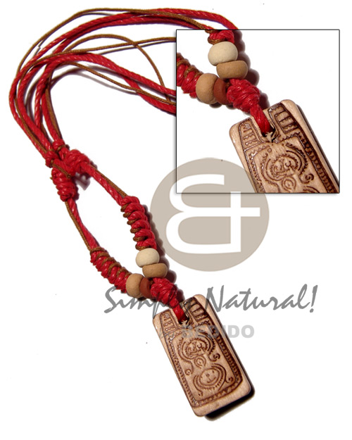4 layers wax cord in brown/red tones combination   35mmx20mm rectangular wood  burning pendant / adjustable - Wood Necklace