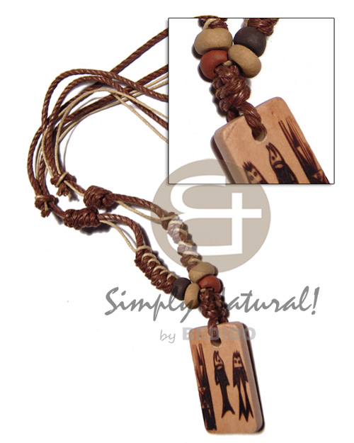 4 layers wax cord in beige/brown tones combination   35mmx20mm rectangular wood  burning pendant / adjustable - Wood Necklace