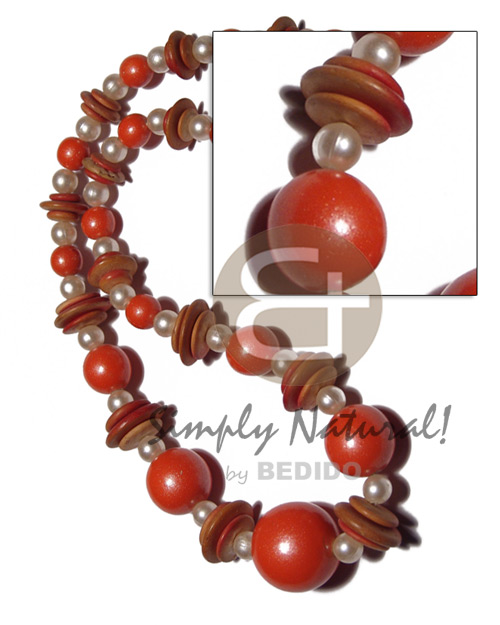 graduated wood beads 25mm/20mm/15mm/10mm in metallic orange  pearl beads accent / 21 in. - Wood Necklace
