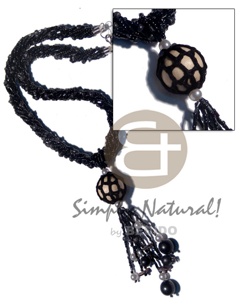 twisted 9 rows black cut beads and 2-3mm black coco Pokalet combination  crochet and tassled 20mm wood beads / 16in. plus 2.5in. tassles - Wood Necklace