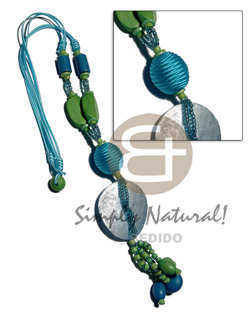 tassled 2 layers satin cord  glass and wood beads, 7-8mm coco Pokalet, 2-3mm coco heishe, oval 25mmx20mm wrapped wood beads & 45mm round laminated capiz / aqua  and sea green tones / 22in. plus 2in tassles - Wood Necklace