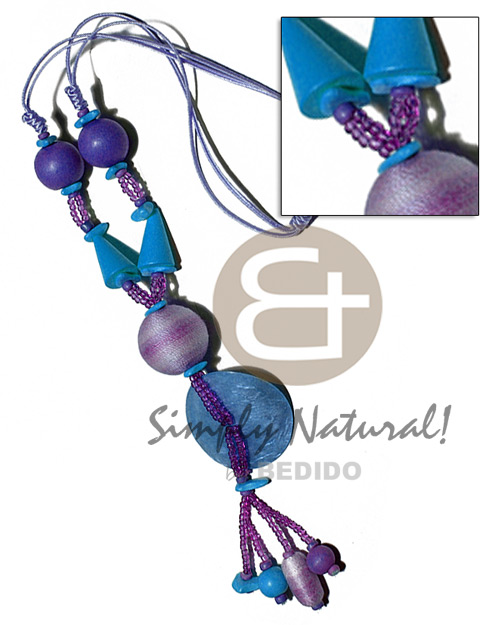 tassled 2 layers satin cord  glass and wood beads, 7-8mm coco Pokalet, coco chips, round 25mm wrapped wood beads & 45mm round laminated capiz / deep sky blue and blue violet / 22in. plus 2in tassles - Wood Necklace
