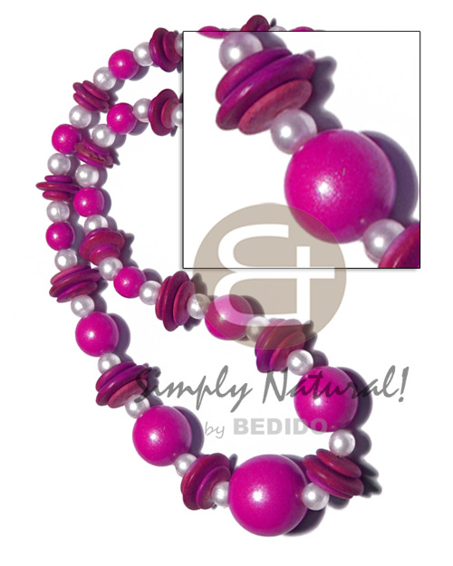 graduated wood beads 25mm/20mm/15mm/10mm in  pearl beads accent / fuschia tones / 21 in. - Wood Necklace